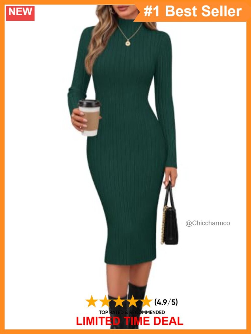 Ribbed Knit Mock Neck Long Sleeve Bodycon Midi Sweater Dress